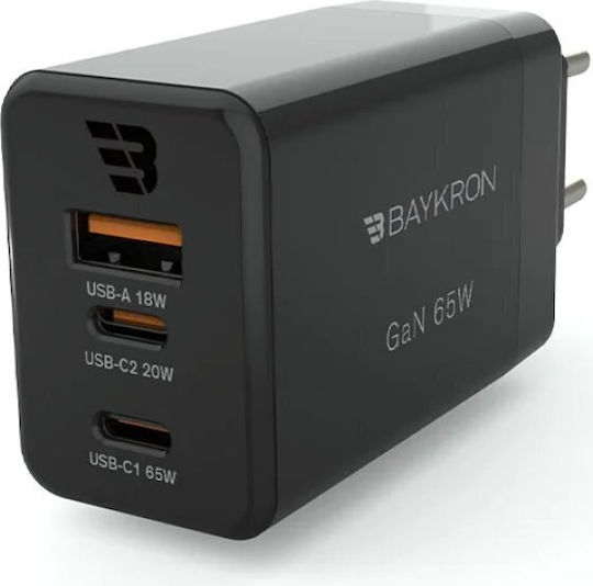 Baykron Φορτιστής Χωρίς Καλώδιο GaN με Θύρα USB-A και 2 Θύρες USB-C 65W Power Delivery / Quick Charge 3.0 Μαύρος (BA-WC-003)