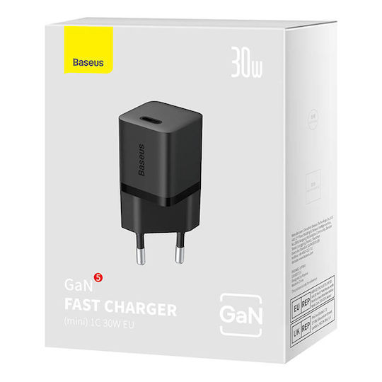 Baseus Charger Without Cable GaN with USB-C Port 30W Blacks (Gan5)
