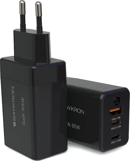 Baykron Φορτιστής Χωρίς Καλώδιο GaN με Θύρα USB-A και 2 Θύρες USB-C 65W Power Delivery / Quick Charge 3.0 Μαύρος (BA-WC-003)