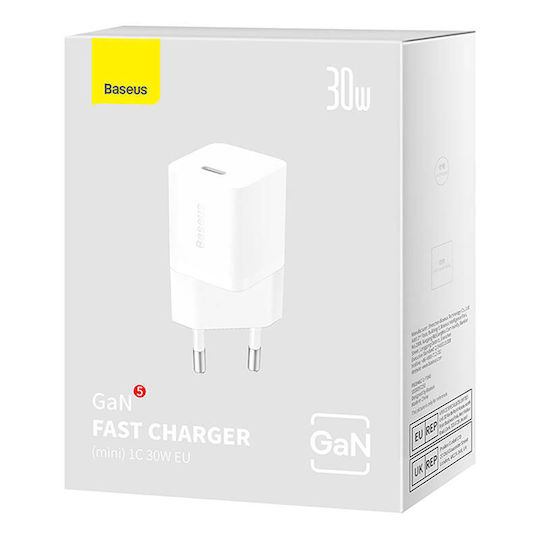Baseus Charger Without Cable GaN with USB-C Port 30W Whites (Gan5)