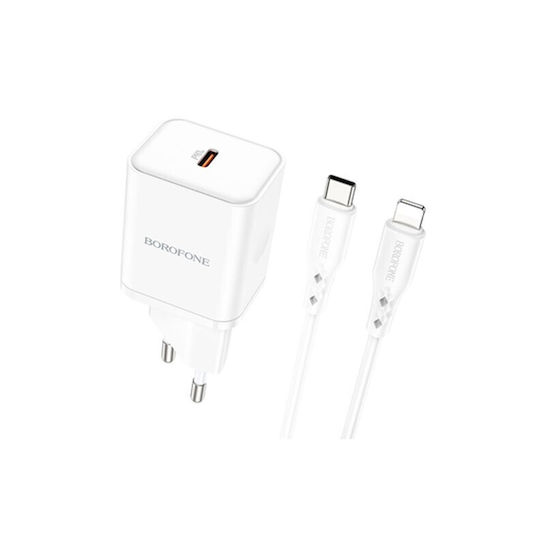 Borofone Mobile Phone Charger with USB-C Port and USB-C - Lightning Cable 20W Power Delivery / Quick Charge 3.0 White