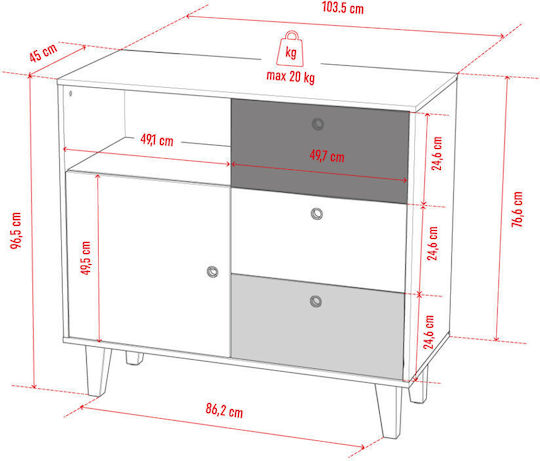 Kinderkommode Concept Weiß / Hellblau mit 3 Schubladen 103.2x45x96.2cm