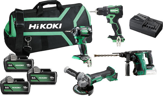 Hikoki KC18DEWHZ Set Ciocanul & Mașină de găurit & Roată unghiulară & Șurubelniță cu impact 18V cu 3 baterii 5Ah și husă