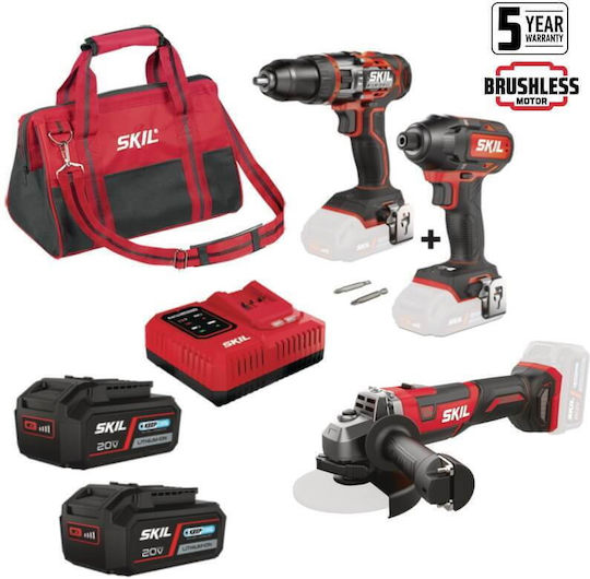 Skil D00211 Set Angle Wheel & Impact Drill Driver & Impact Screwdriver 20V with 2 Batteries 5Ah and Case