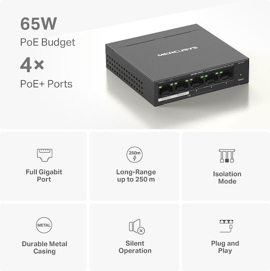 Mercusys MS105GP v1 Unmanaged L2 PoE+ Switch με 5 Θύρες Gigabit (1Gbps) Ethernet