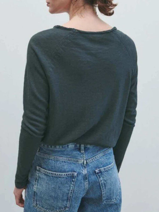 American Vintage Women's Blouse Cotton Long Sleeve with Boat Neckline Navy Blue