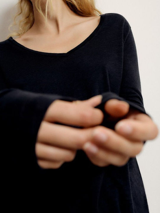 Μακρυμάνικο Γυναικείο Πουλόβερ Μάλλινο με V Λαιμόκοψη Navy Μπλε