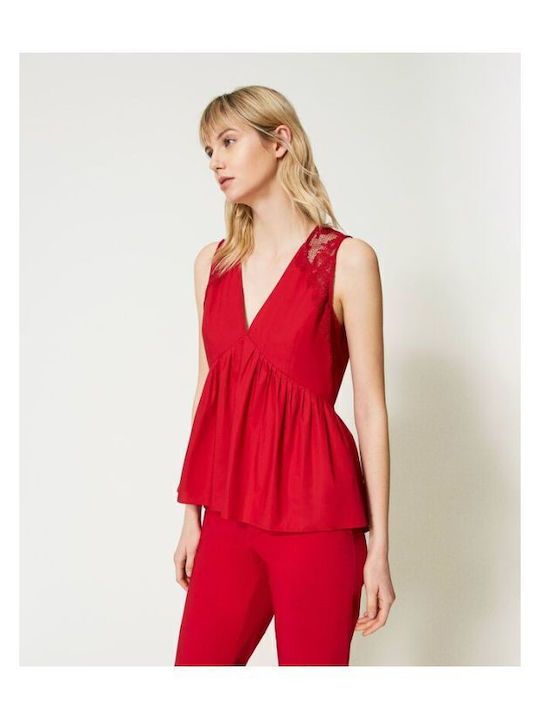 Women's Summer Blouse Cotton Sleeveless with V Neckline Red