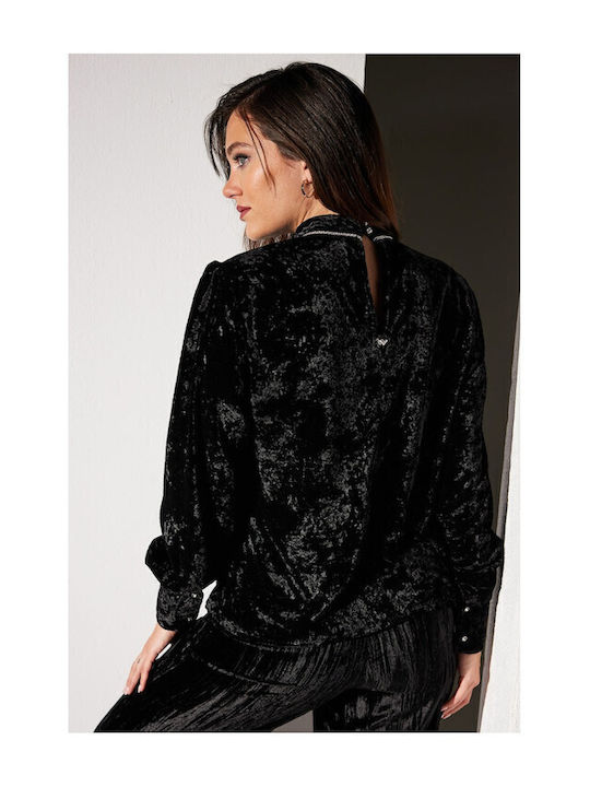 Arden Damen Bluse Samt Langärmelig Schwarz
