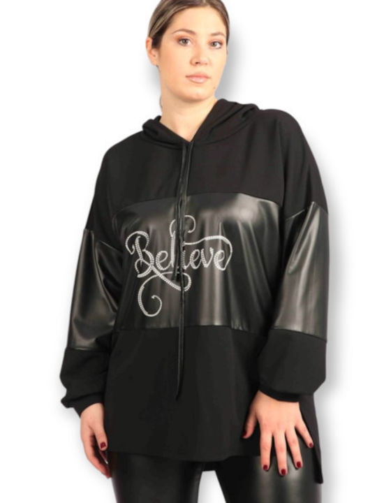 Secret Fashion Women's Blouse Leather Long Sleeve with Hood Black