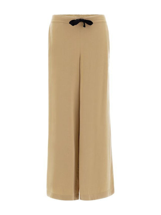 Freddy Women's Linen Trousers with Elastic in Palazzo Fit Beige