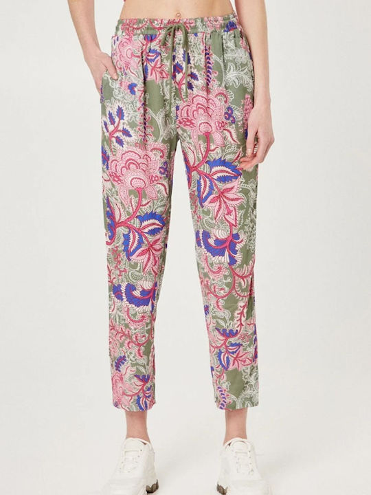 Women's Fabric Trousers with Elastic Regular Fit Floral Khaki