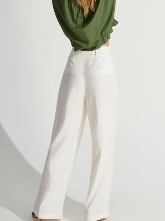 Ale - The Non Usual Casual Women's High-waisted Fabric Trousers in Paperbag Fit White