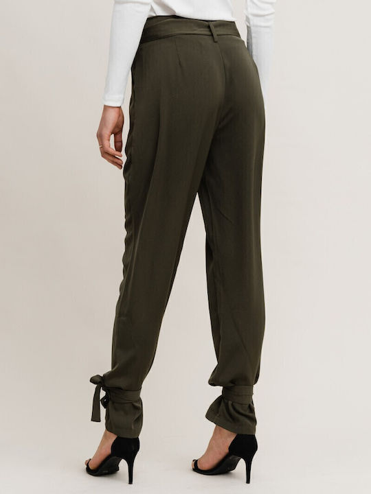 Women's High-waisted Fabric Trousers Regular Fit Khaki