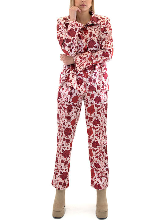 Damen Stoff Hose Blumen Rot