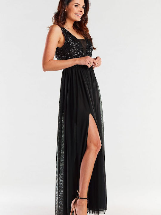 Awama A486 Maxi Evening Dress Open Back with Sheer Black