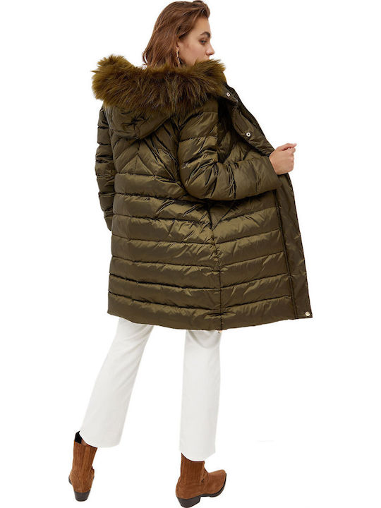Women's Long Puffer Jacket for Winter with Hood Khaki