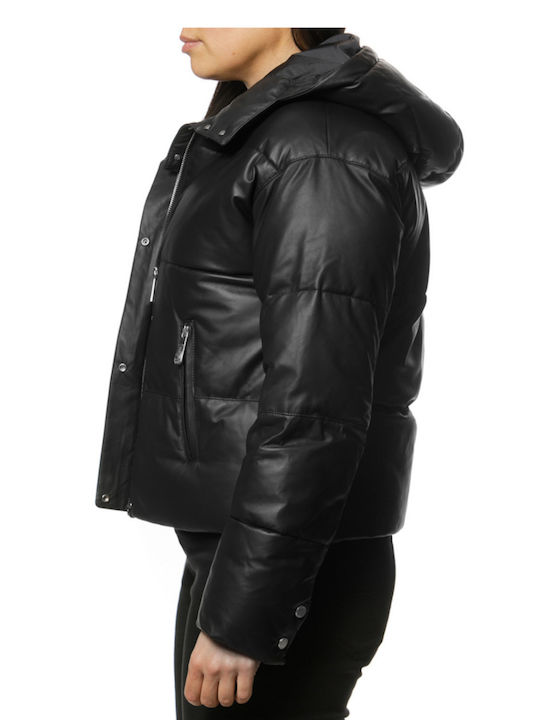 Oakwood Women's Short Puffer Leather Jacket for Winter with Hood Black 64379-501