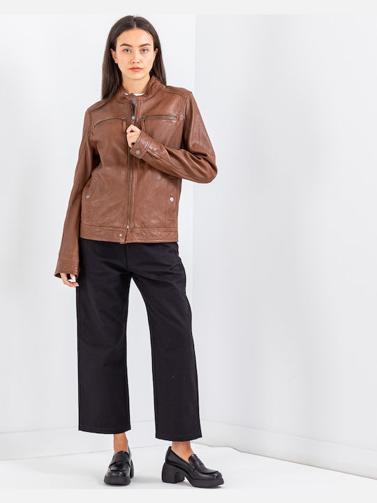 6 Δερμάτινο Γυναικείο Biker Jacket Ταμπά