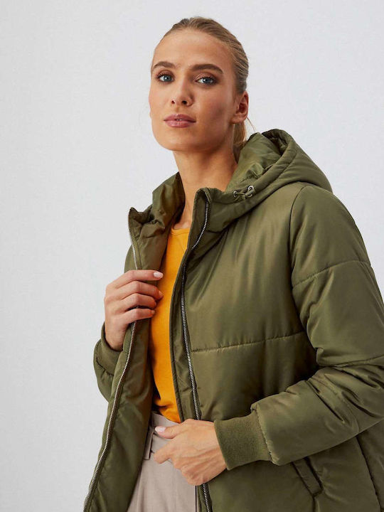 Make your image Women's Short Puffer Jacket for Winter with Hood Khaki