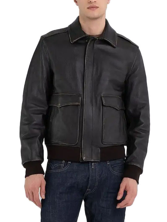 Replay Herren Winter Jacke Leder Schwarz