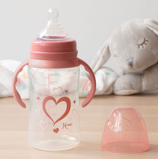 Kiokids Hearts Εκπαιδευτικό Μπιμπερό Πλαστικό με Λαβές Ροζ 4m+ 240ml