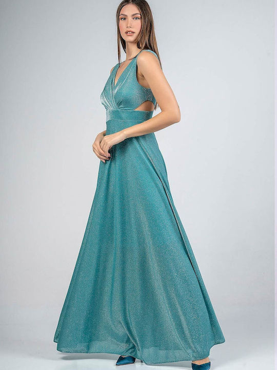 Bellino Summer Maxi Evening Dress Open Back with Sheer Turquoise