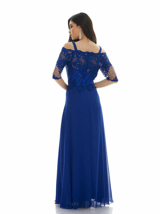 RichgirlBoudoir Maxi Dress for Wedding / Baptism Off-Shoulder with Lace Blue