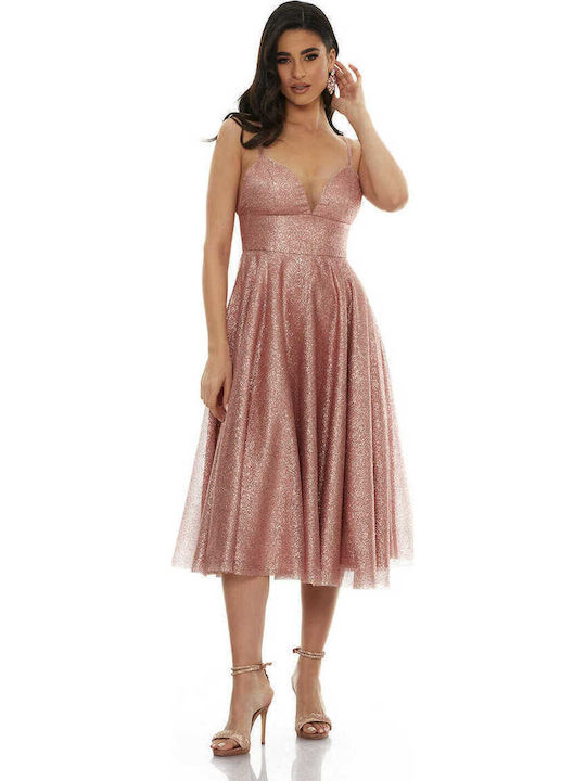Rochie Midi Pentru Nuntă / Botez Satin Roz