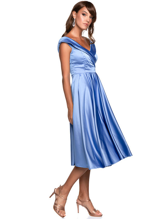 RichgirlBoudoir Midi Dress for Wedding / Baptism Satin Off-Shoulder Light Blue