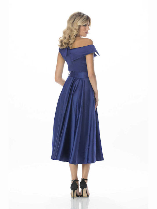 RichgirlBoudoir Midi Dress for Wedding / Baptism Satin Off-Shoulder Blue
