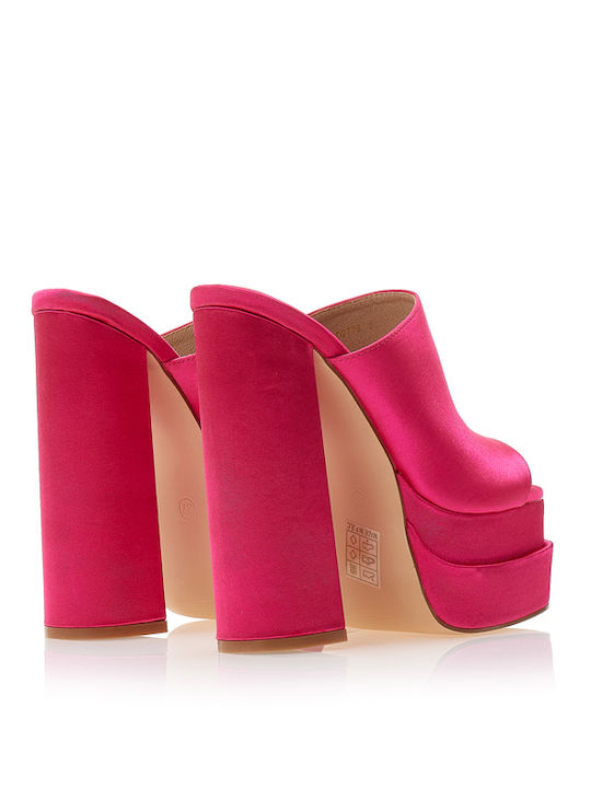 Satin Women's Mules with Chunky High Heel in Fuchsia Color