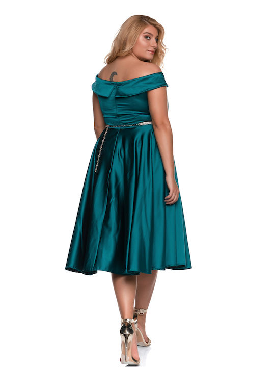 RichgirlBoudoir Midi Dress for Wedding / Baptism Satin Off-Shoulder Turquoise