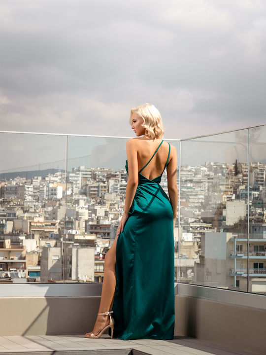 RichgirlBoudoir Καλοκαιρινό Maxi Βραδινό Φόρεμα Σατέν Εξώπλατο με Σκίσιμο Πράσινο