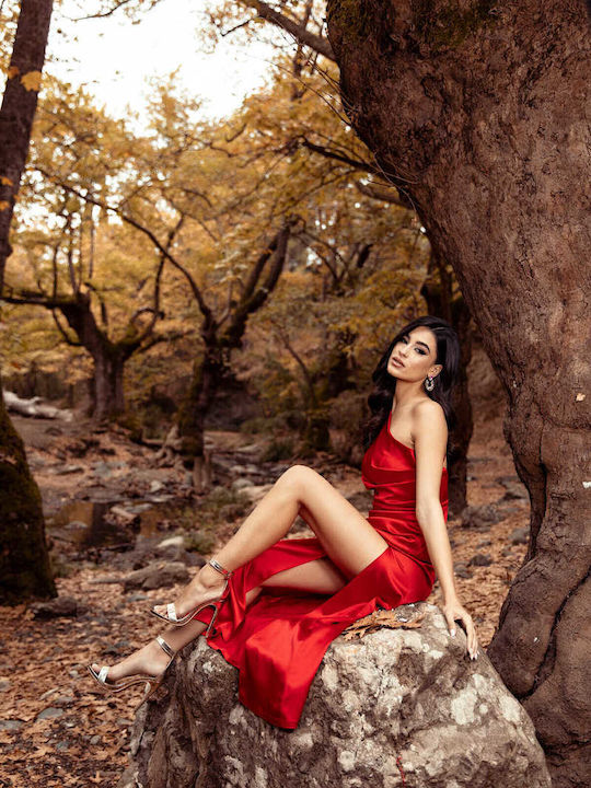 RichgirlBoudoir Καλοκαιρινό Maxi Βραδινό Φόρεμα Σατέν Εξώπλατο με Σκίσιμο Κόκκινο