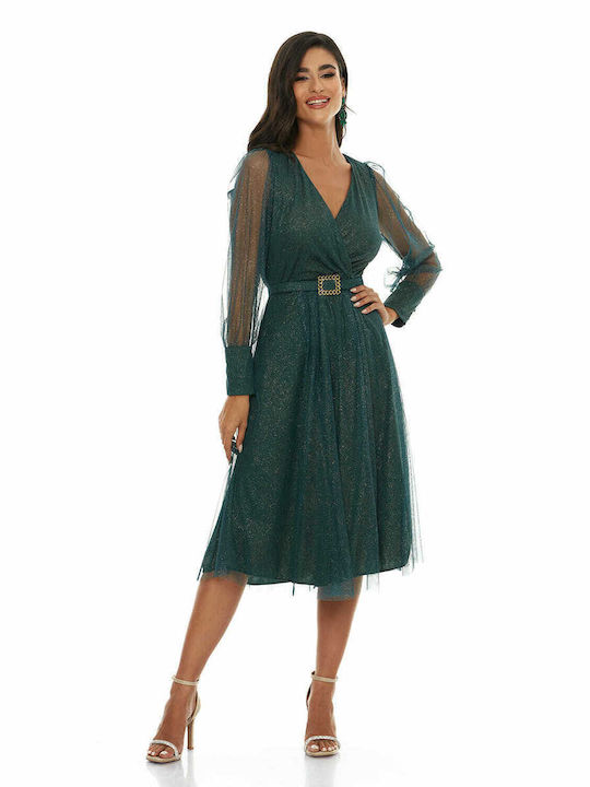 RichgirlBoudoir Midi Βραδινό Φόρεμα με Τούλι & Διαφάνεια Πράσινο