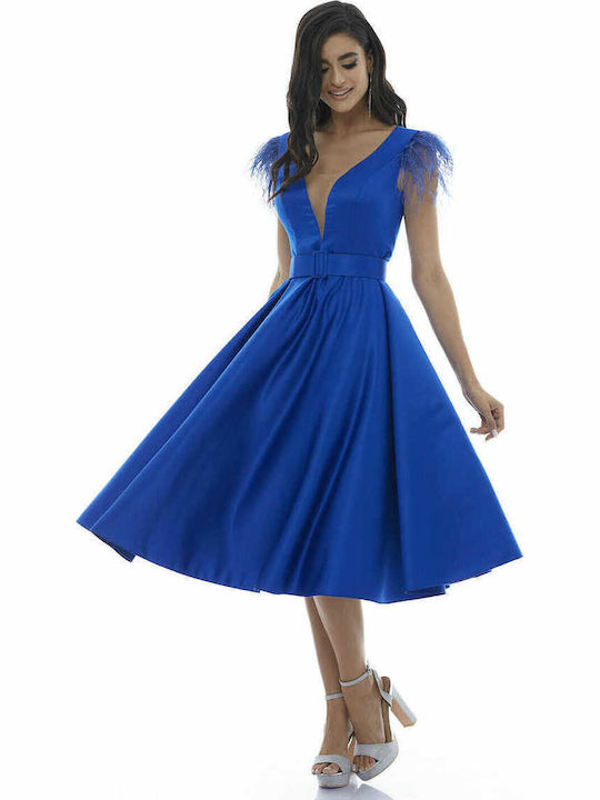 Summer Midi Dress for Wedding - Christening Satin Blue