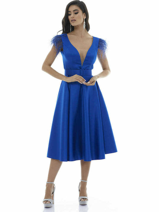 Summer Midi Dress for Wedding - Christening Satin Blue