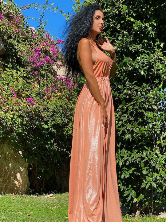 Summer Maxi Evening Satin Dress with Tearing Orange