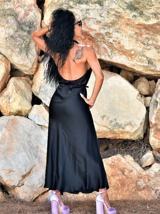 Summer Maxi Evening Dress Satin Black