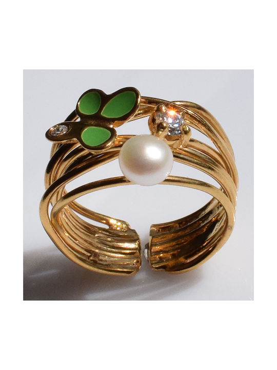 Bizoutaki Women's Ring with Pearls, Zircon & Enamel from Silver Gold Plated