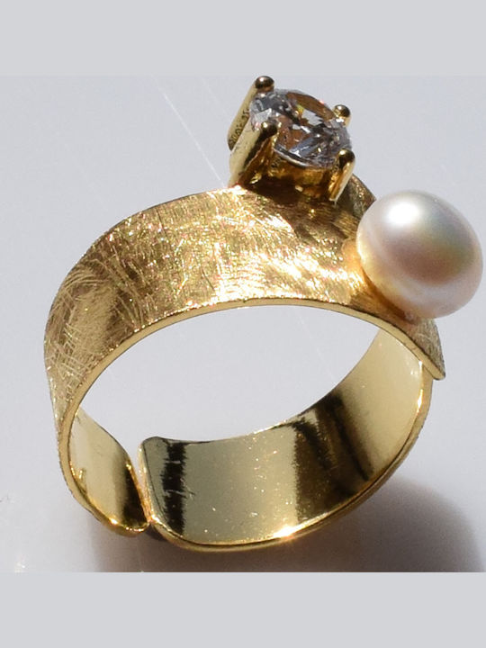 Bizoutaki Ring with Pearls & Zircon made of Silver Gold Plated