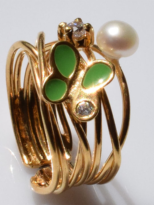 Bizoutaki Ring with Pearls, Zircon & Enamel made of Silver Gold Plated