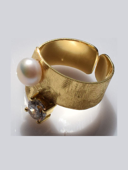 Bizoutaki Ring with Pearls & Zircon made of Silver Gold Plated