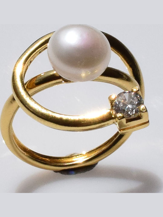 Bizoutaki Ring with Pearls & Zircon made of Silver Gold Plated