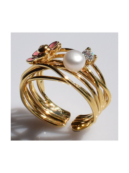 Bizoutaki Women's Ring with Pearls, Zircon & Enamel from Silver Gold Plated