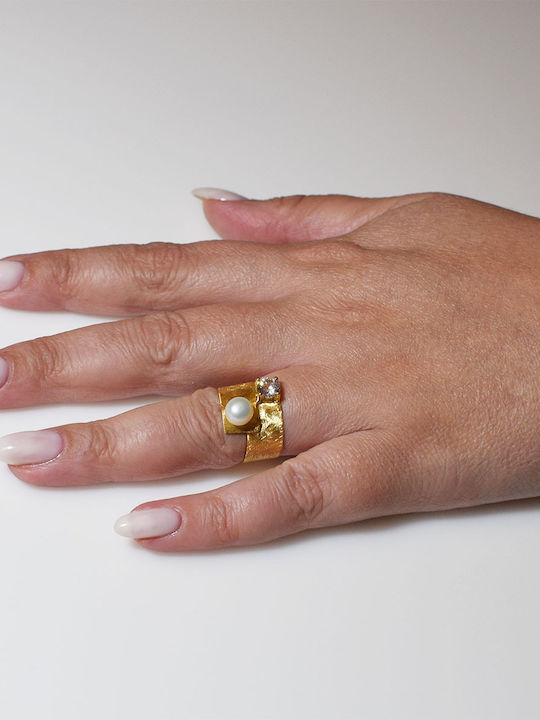 Bizoutaki Ring with Pearls & Zircon made of Silver Gold Plated