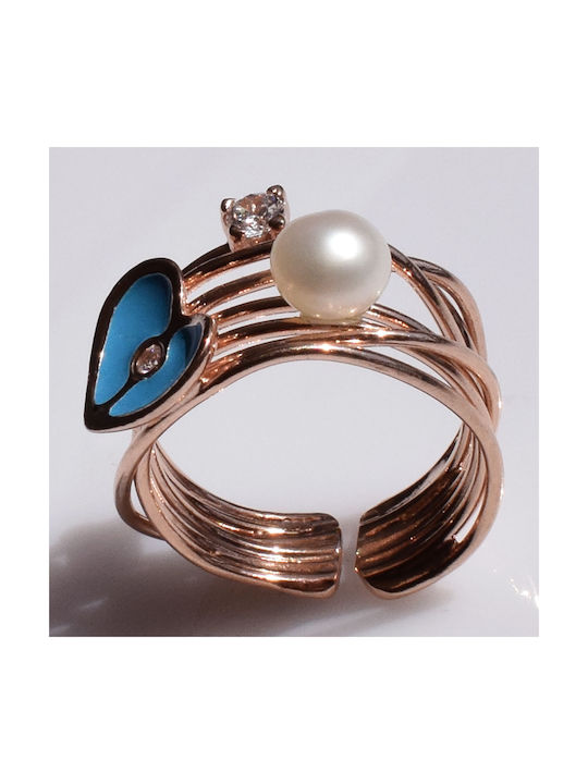 Bizoutaki Women's Ring with Pearls, Zircon & Enamel from Silver Gold Plated