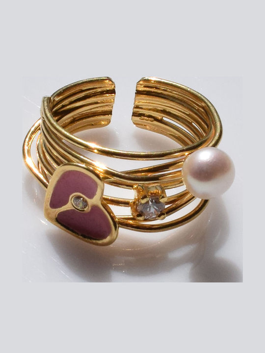 Bizoutaki Ring with Pearls, Zircon & Enamel made of Silver Gold Plated