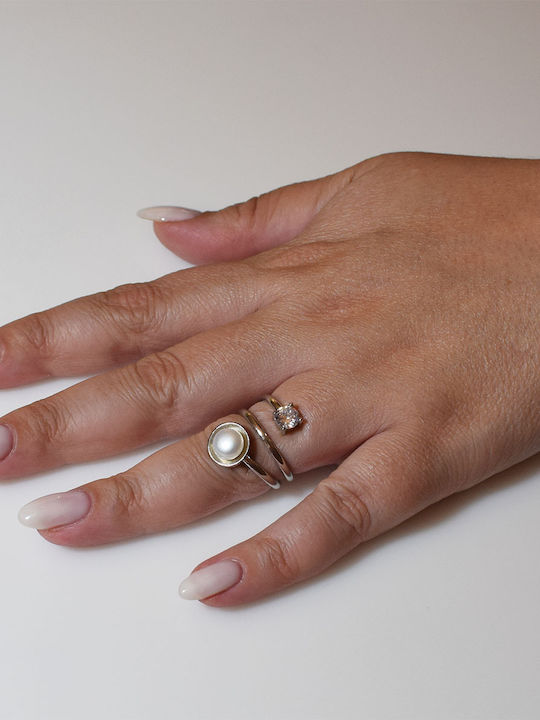 Bizoutaki Ring with Pearls & Zircon made of Silver